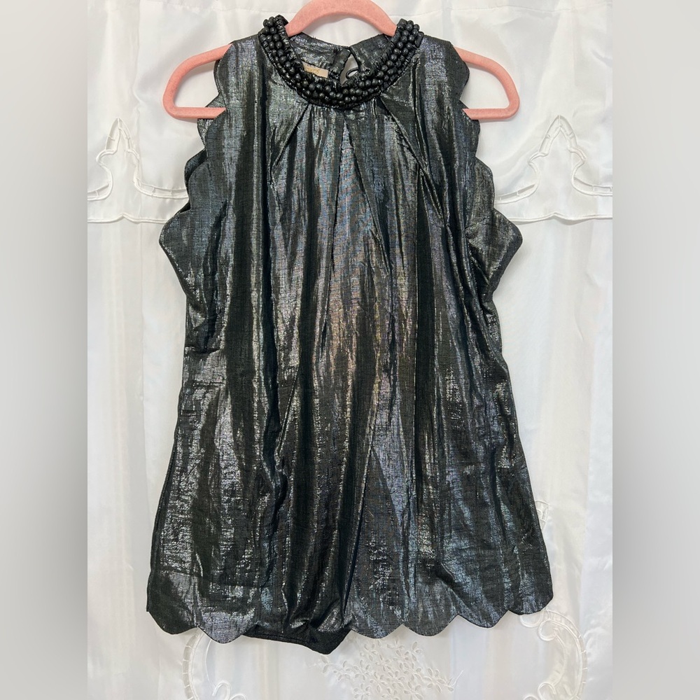 Rungolee Metallic Tunic Top Textured Collar Waist Tie Silver Scalloped Size M - Picture 2 of 9